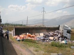 Erzincan'da kola yüklü TIR devrildi